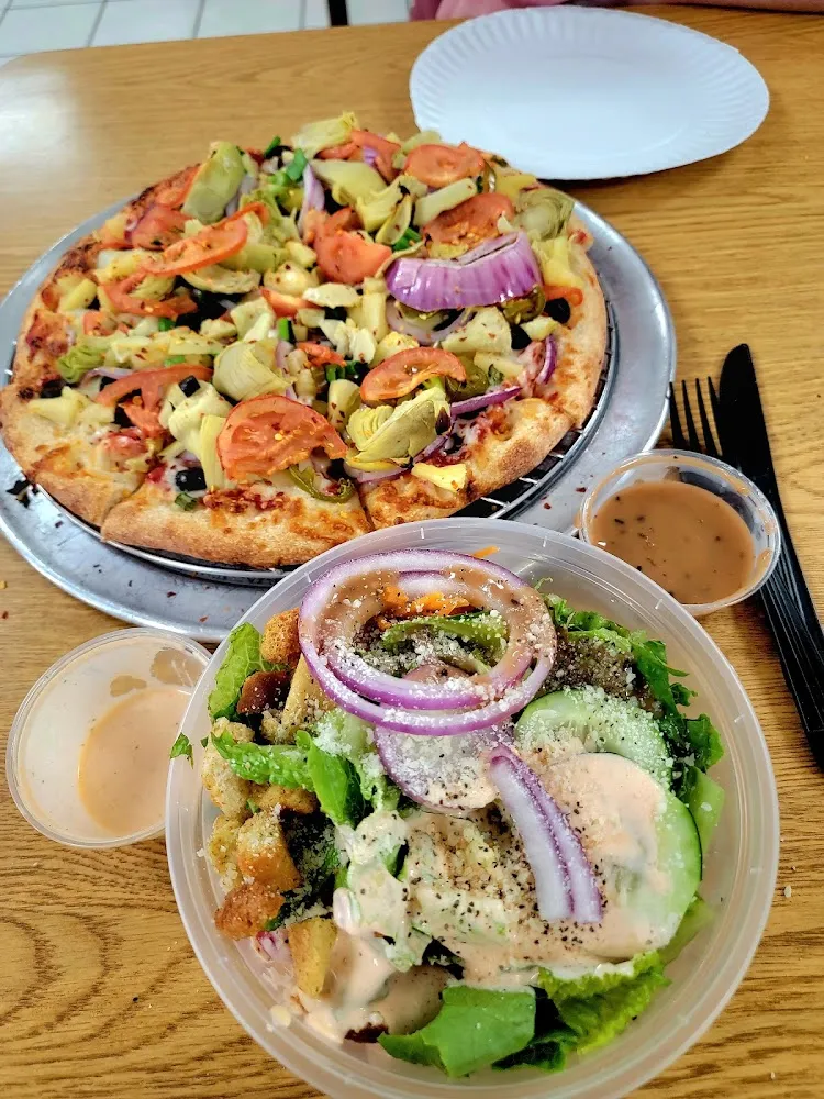 Scrumptious Vegetarian Pizza with Super Crispy Crust & Fresh Garden Salad